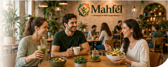 Mahfel’de sohbet eden üyeler; smoothie, kase ve sıcak içeceklerle samimi bir buluşma