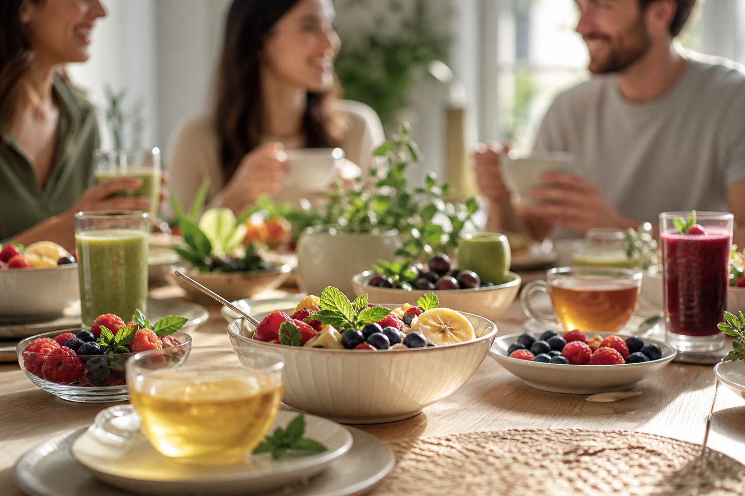Meyveli bowl, taze meyveler ve renkli içeceklerle hafif kahvaltı masası